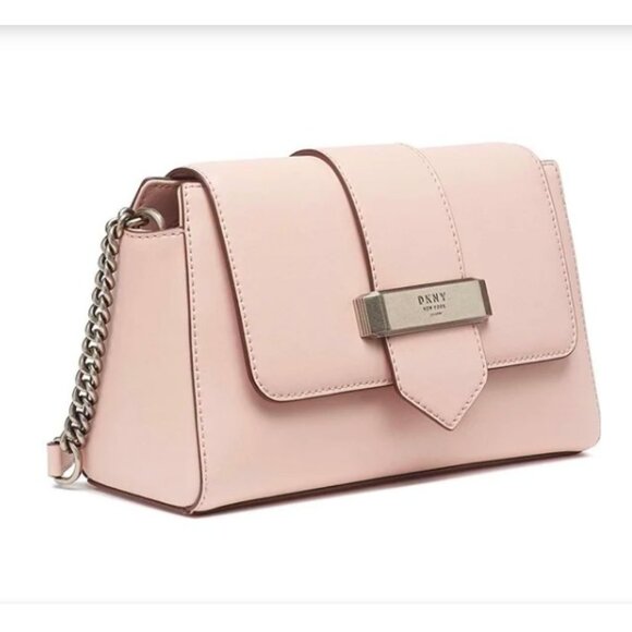 $198 Dkny Smooth Leather Cashmere Blush Pink Val Flap Shoulder Handbag - Picture 1 of 14